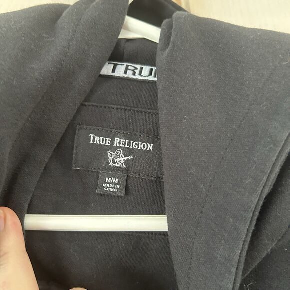 True Religion Mens Hoodie M Spell Out Pockets Tie Dye Black Yellow Colorblock - Picture 5 of 12